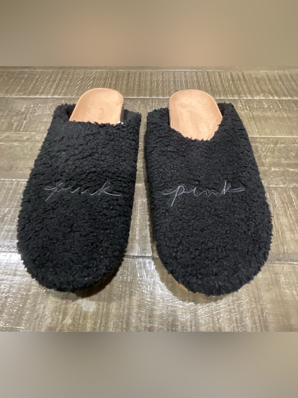 PINK Victoria's Secret Black Fuzzy Slide Slippers